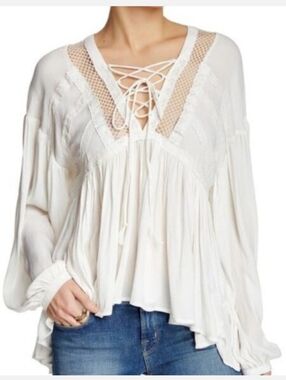 Nwt Boho Vintage White Lace-Trim Peasant Tunic